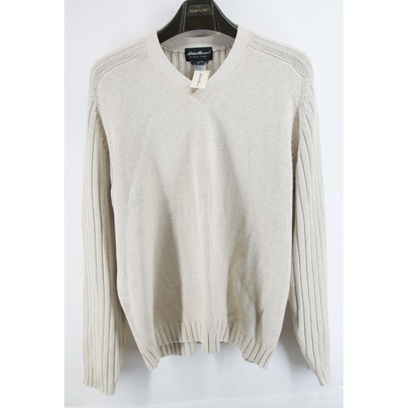 Eddie Bauer Sweater Men's Cable Knit Size XL Made in United Kingdom Beige V neck